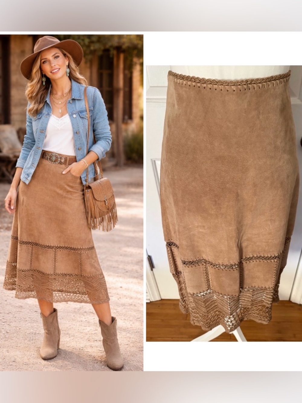 Y2K 100 % Suede Leather Midi Skirt with Crochet Detail